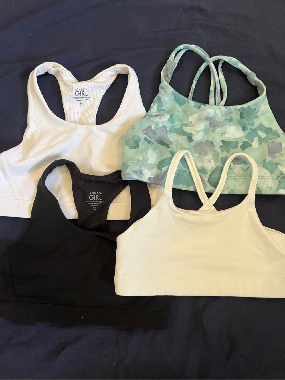 Athleta Girl Sport Bras Bundle - White, Black, Mint Camo small/7